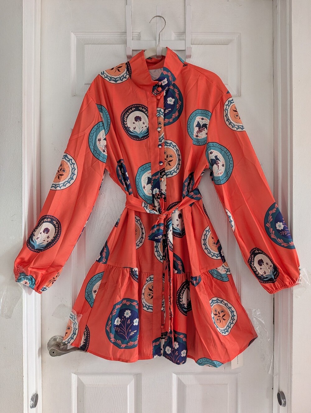 Commense Printed Belted Cotton Linen Long Sleeve Mini Dress - Picture 12 of 16